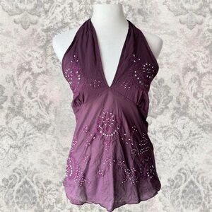 Purple Floral Beaded Y2K 2000s Fairy Women’s Cotton Cute Comfy Small Halter Top